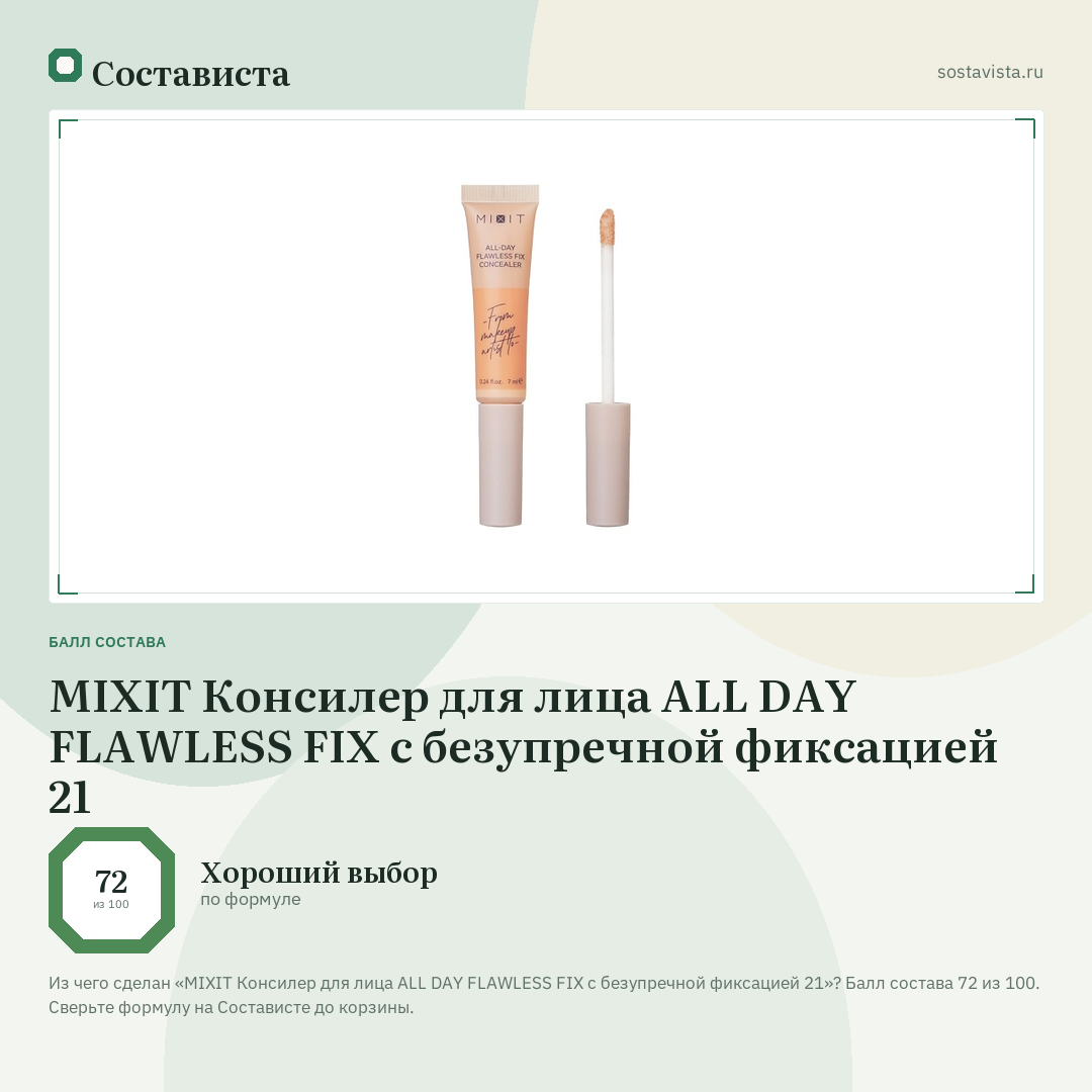 MIXIT Консилер для лица ALL DAY FLAWLESS FIX с безупречной фиксацией 21: балл состава 72 из 100 — Состависта