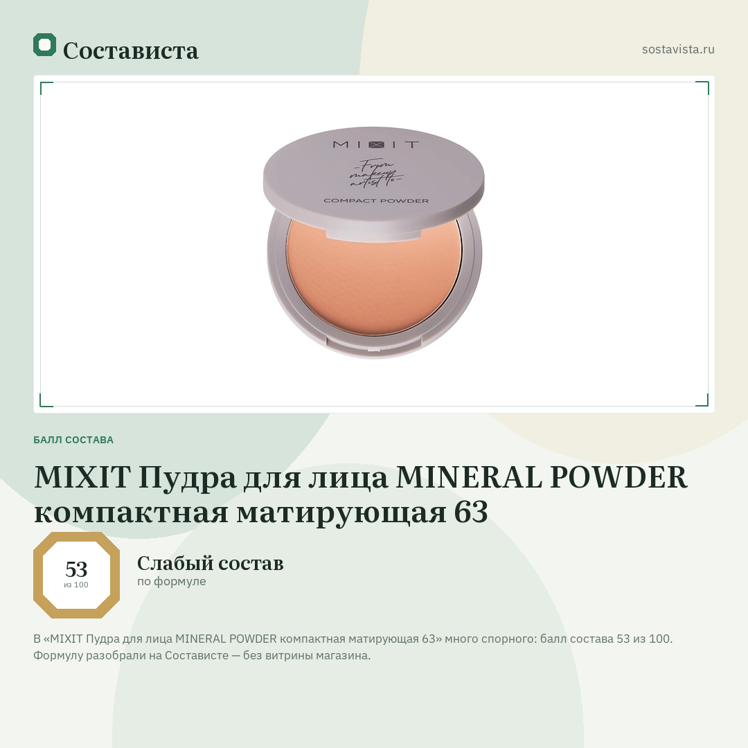 MIXIT Пудра для лица MINERAL POWDER компактная матирующая 63: балл состава 53 из 100 — Состависта