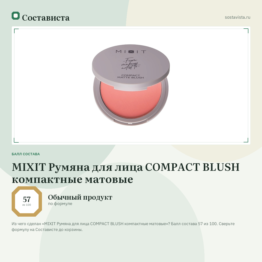 MIXIT Румяна для лица COMPACT BLUSH компактные матовые: балл состава 57 из 100 — Состависта