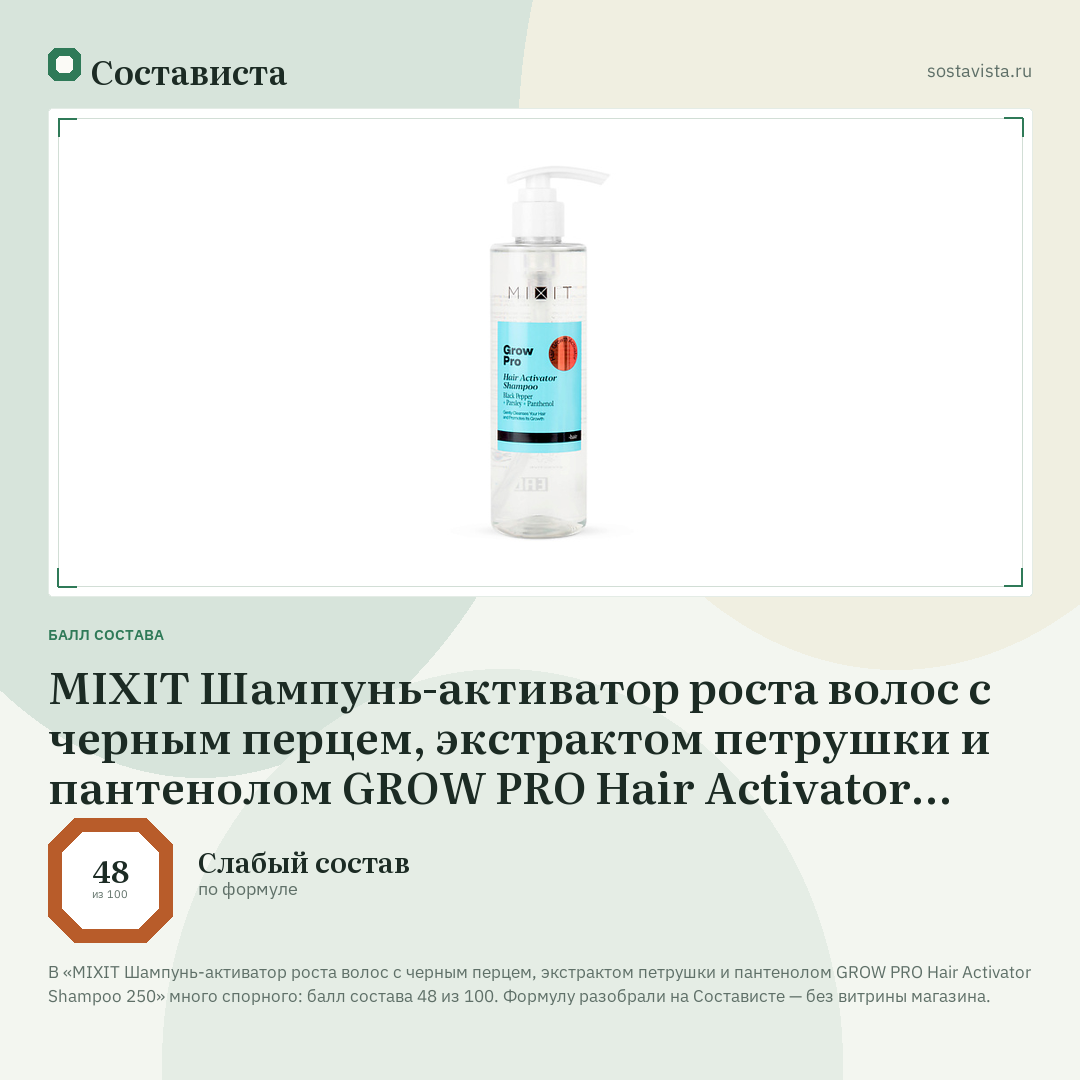 MIXIT Шампунь-активатор роста волос с черным перцем, экстрактом петрушки и пантенолом GROW PRO Hair Activator Shampoo 250: балл состава 48 из 100 — Состависта