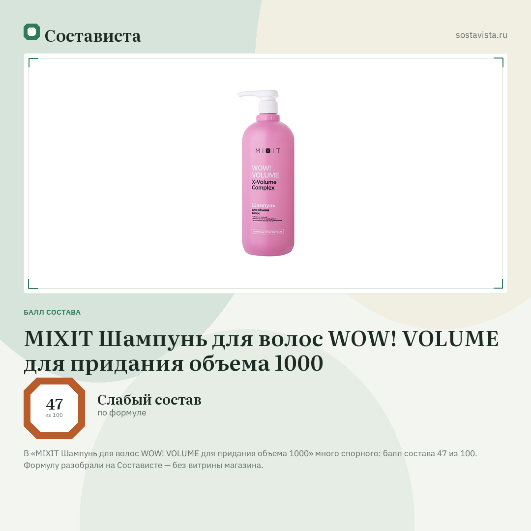 MIXIT Шампунь для волос WOW! VOLUME для придания объема 1000: балл состава 47 из 100 — Состависта