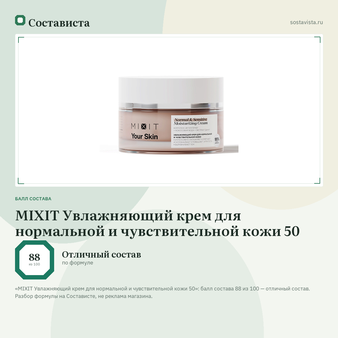 MIXIT Увлажняющий крем для нормальной и чувствительной кожи 50: балл состава 88 из 100 — Состависта