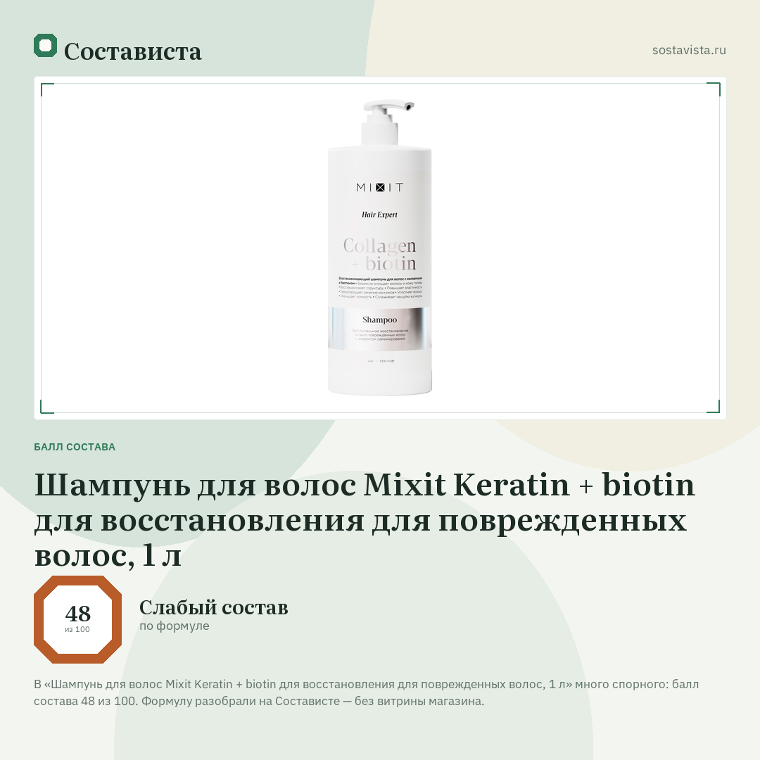 Шампунь для волос Mixit Keratin + biotin для восстановления для поврежденных волос, 1 л: балл состава 48 из 100 — Состависта