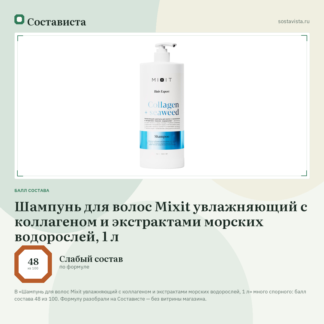 Шампунь для волос Mixit увлажняющий с коллагеном и экстрактами морских водорослей, 1 л: балл состава 48 из 100 — Состависта