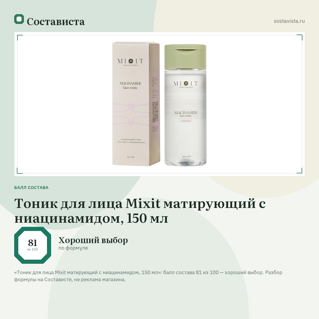 Тоник для лица Mixit матирующий с ниацинамидом, 150 мл: балл состава 81 из 100 — Состависта