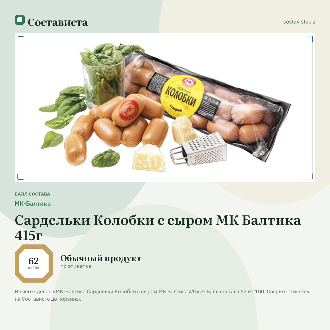 МК-Балтика Сардельки Колобки с сыром МК Балтика 415г: балл состава 62 из 100 — Состависта