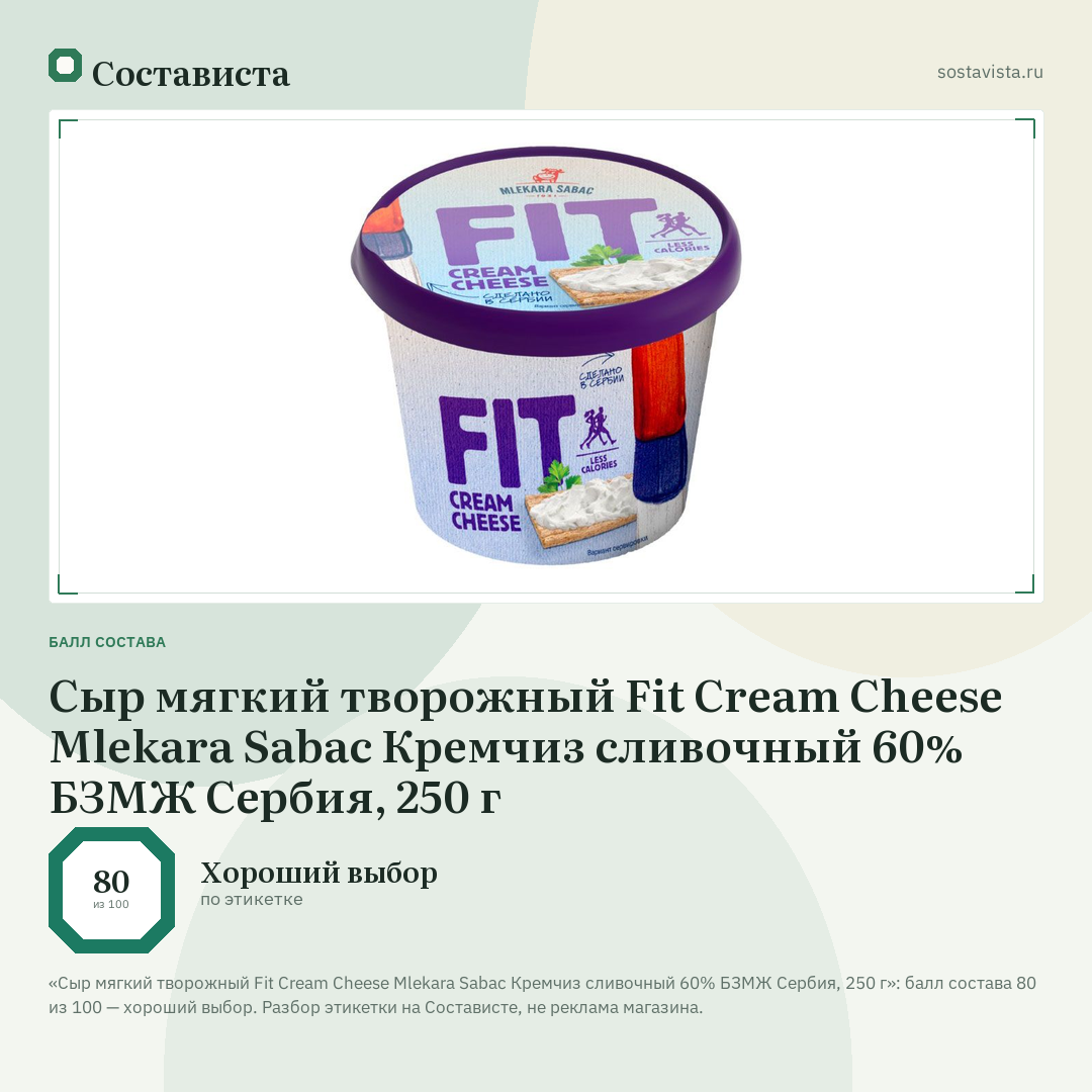 Сыр мягкий творожный Fit Cream Cheese Mlekara Sabac Кремчиз сливочный 60% БЗМЖ Сербия, 250 г: балл состава 80 из 100 — Состависта