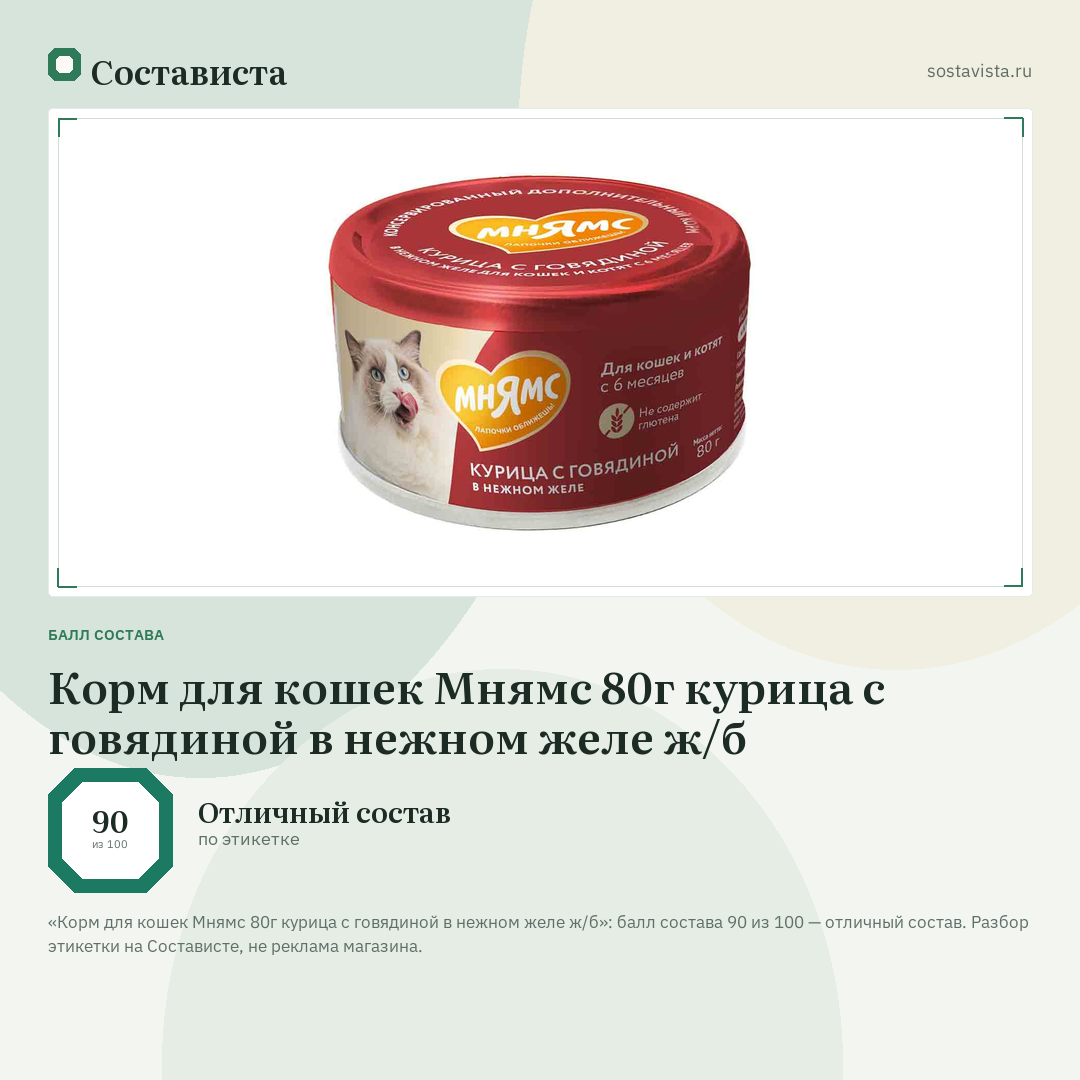 Корм для кошек Мнямс 80г курица с говядиной в нежном желе ж/б: балл состава 90 из 100 — Состависта