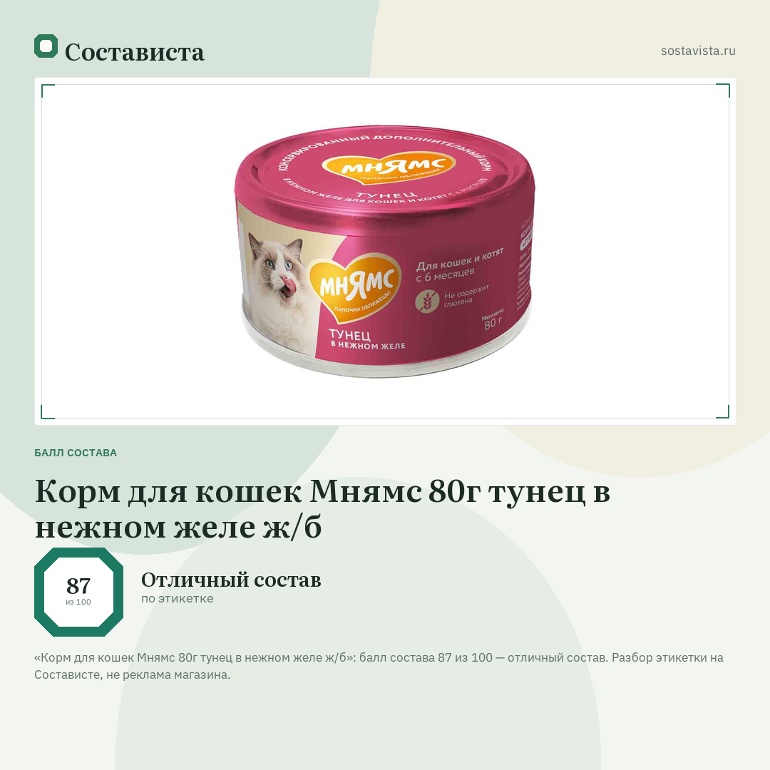 Корм для кошек Мнямс 80г тунец в нежном желе ж/б: балл состава 87 из 100 — Состависта