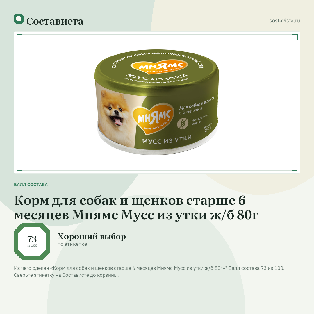 Корм для собак и щенков старше 6 месяцев Мнямс Мусс из утки ж/б 80г: балл состава 73 из 100 — Состависта