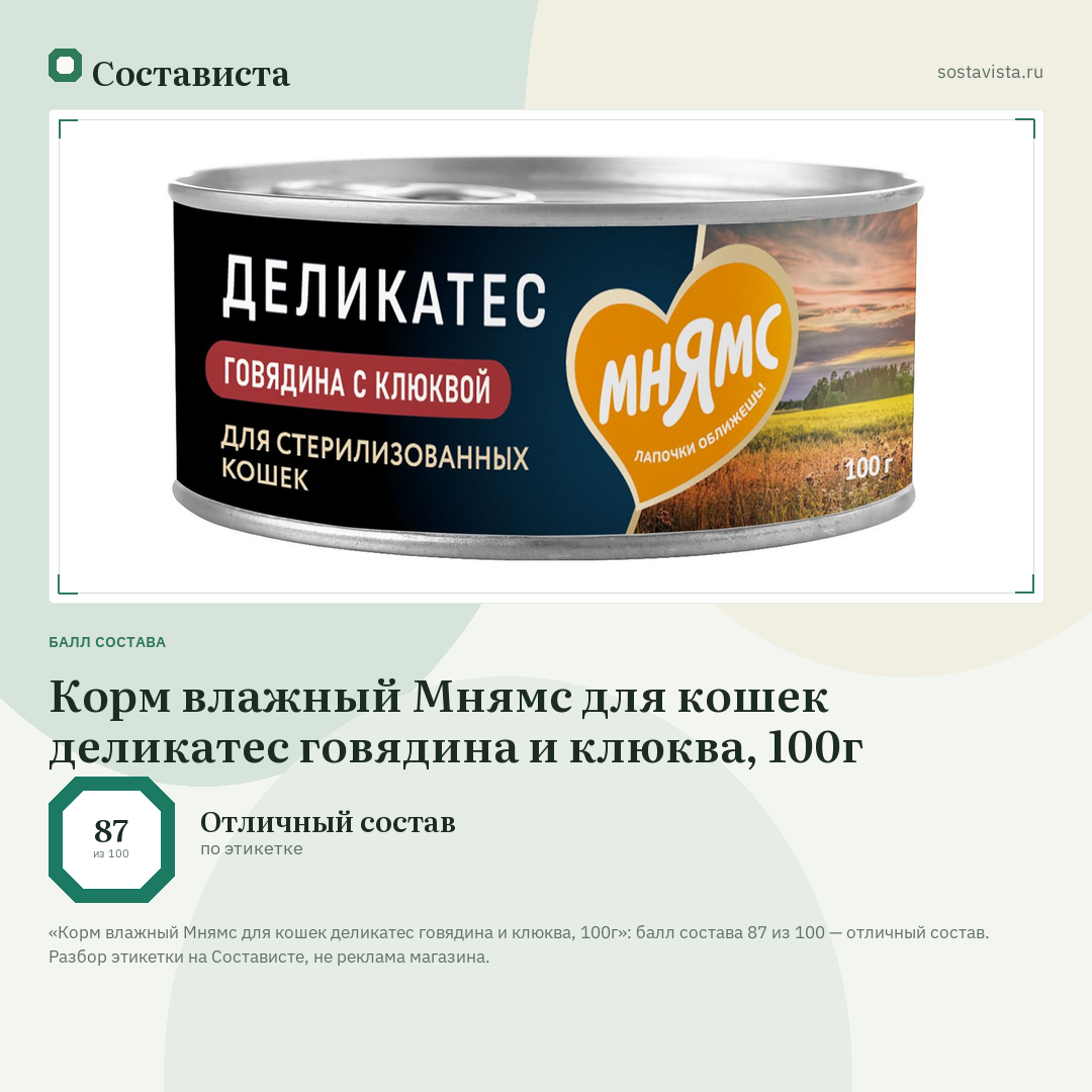 Корм влажный Мнямс для кошек деликатес говядина и клюква, 100г: балл состава 87 из 100 — Состависта