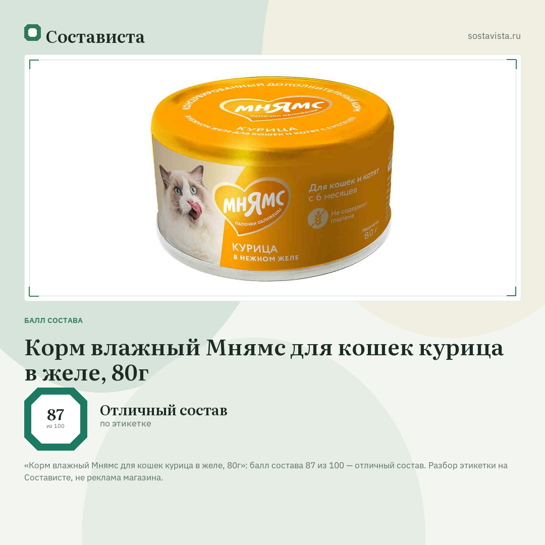 Корм влажный Мнямс для кошек курица в желе, 80г: балл состава 87 из 100 — Состависта