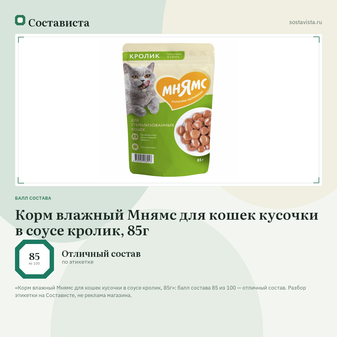 Корм влажный Мнямс для кошек кусочки в соусе кролик, 85г: балл состава 85 из 100 — Состависта