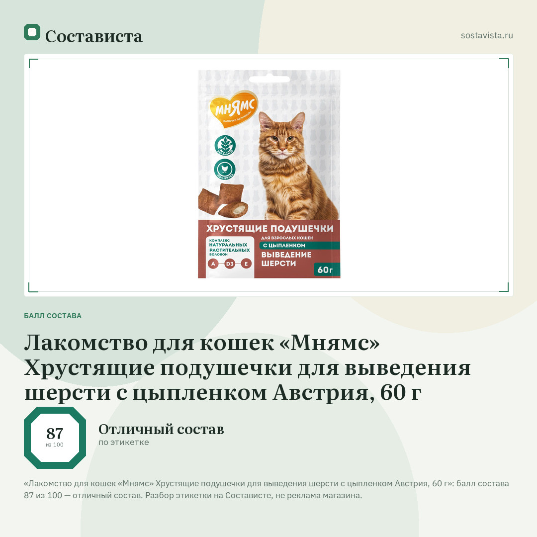 Лакомство для кошек «Мнямс» Хрустящие подушечки для выведения шерсти с цыпленком Австрия, 60 г: балл состава 87 из 100 — Состависта