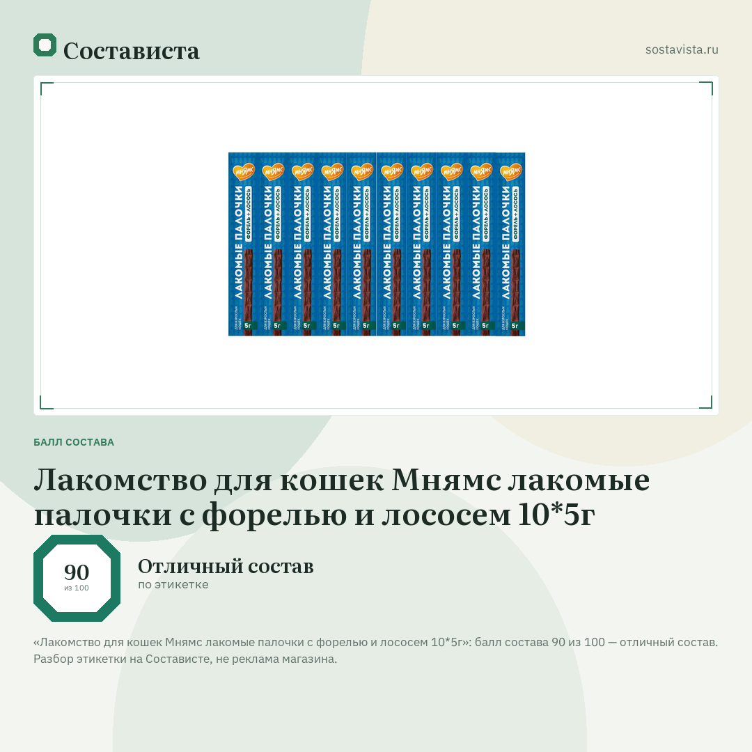 Лакомство для кошек Мнямс лакомые палочки с форелью и лососем 10*5г: балл состава 90 из 100 — Состависта