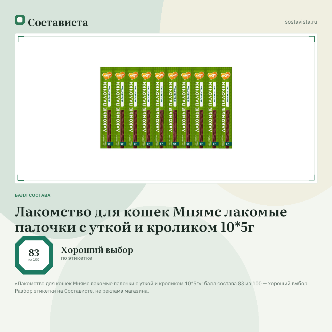 Лакомство для кошек Мнямс лакомые палочки с уткой и кроликом 10*5г: балл состава 83 из 100 — Состависта