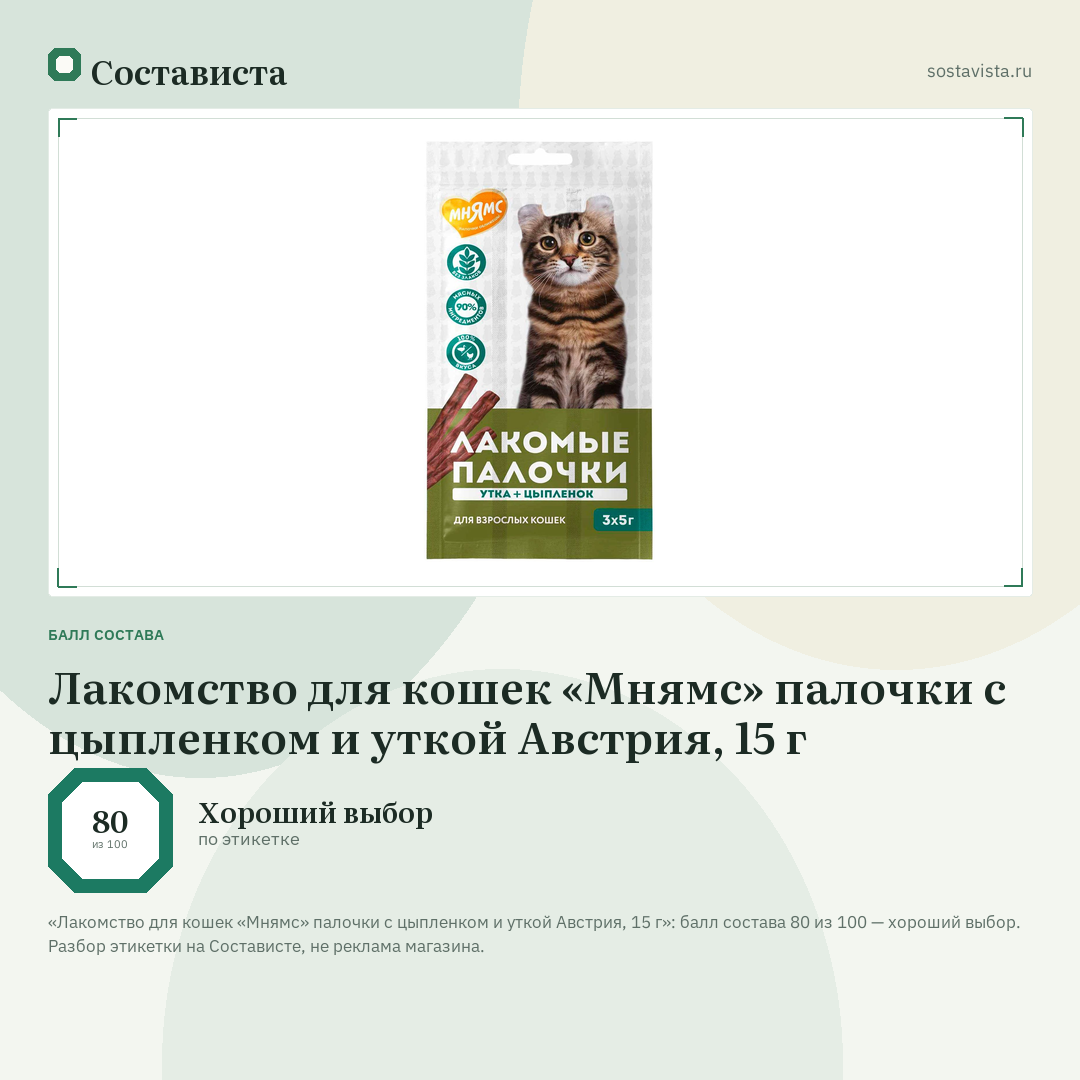 Лакомство для кошек «Мнямс» палочки с цыпленком и уткой Австрия, 15 г: балл состава 80 из 100 — Состависта