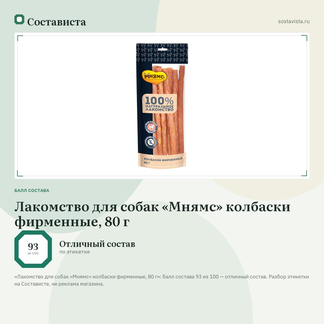 Лакомство для собак «Мнямс» колбаски фирменные, 80 г: балл состава 93 из 100 — Состависта