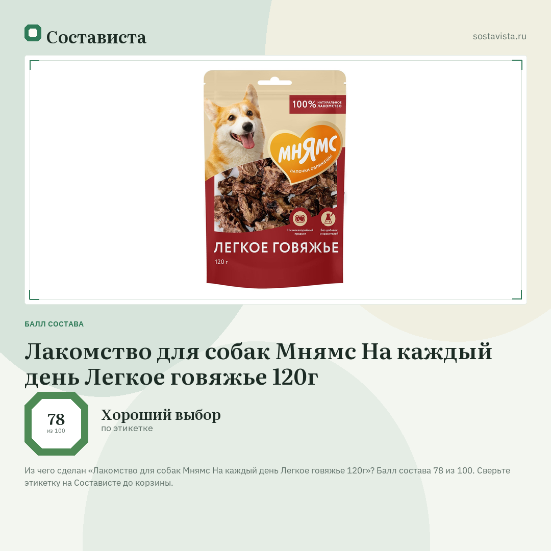 Лакомство для собак Мнямс На каждый день Легкое говяжье 120г: балл состава 78 из 100 — Состависта