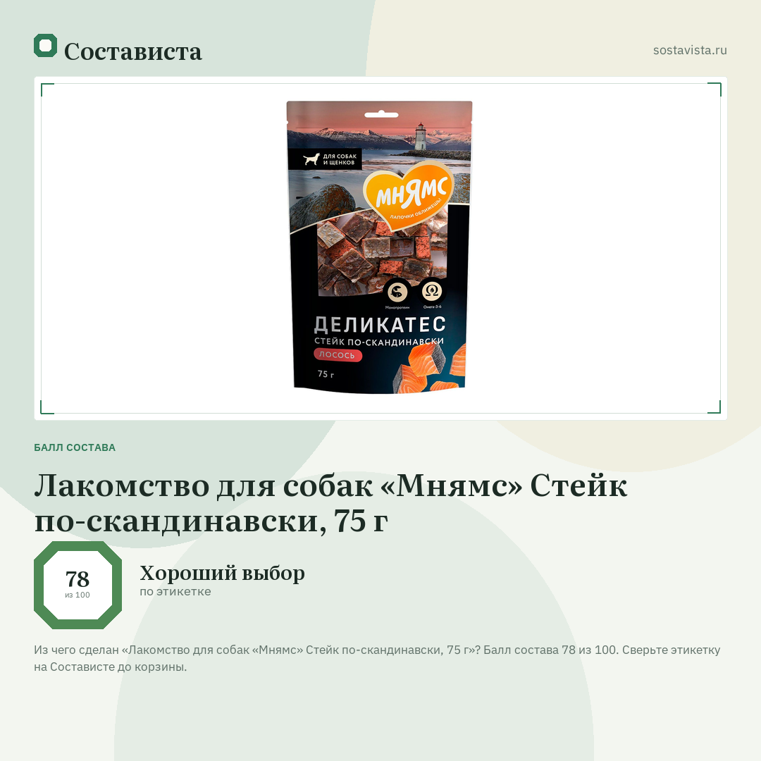 Лакомство для собак «Мнямс» Стейк по-скандинавски, 75 г: балл состава 78 из 100 — Состависта