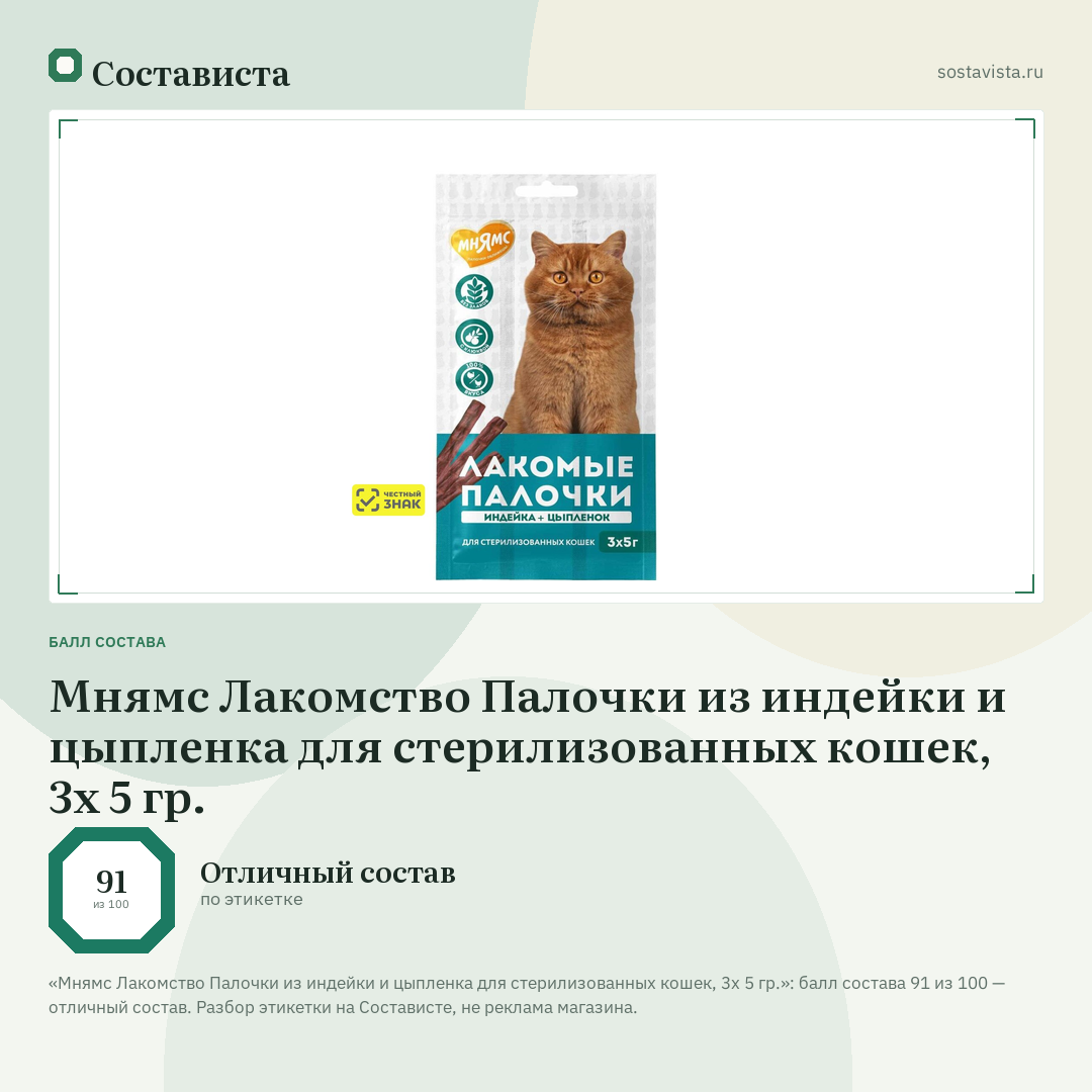 Мнямс Лакомство Палочки из индейки и цыпленка для стерилизованных кошек, 3х 5 гр.: балл состава 91 из 100 — Состависта