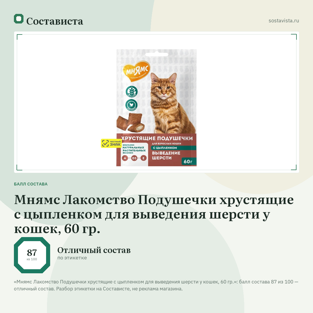 Мнямс Лакомство Подушечки хрустящие с цыпленком для выведения шерсти у кошек, 60 гр.: балл состава 87 из 100 — Состависта