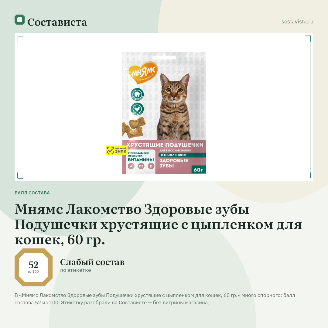 Мнямс Лакомство Здоровые зубы Подушечки хрустящие с цыпленком для кошек, 60 гр.: балл состава 52 из 100 — Состависта