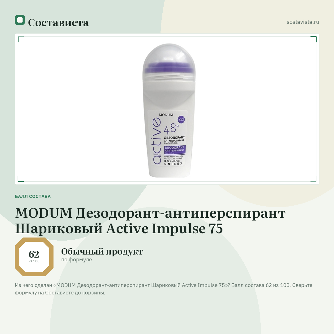 MODUM Дезодорант-антиперспирант Шариковый Active Impulse 75: балл состава 62 из 100 — Состависта