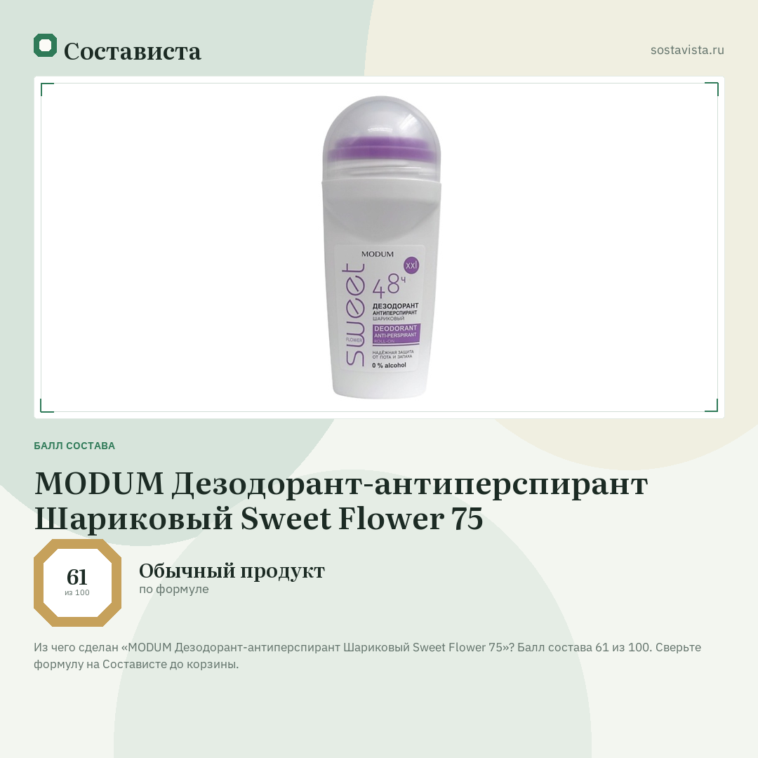 MODUM Дезодорант-антиперспирант Шариковый Sweet Flower 75: балл состава 61 из 100 — Состависта