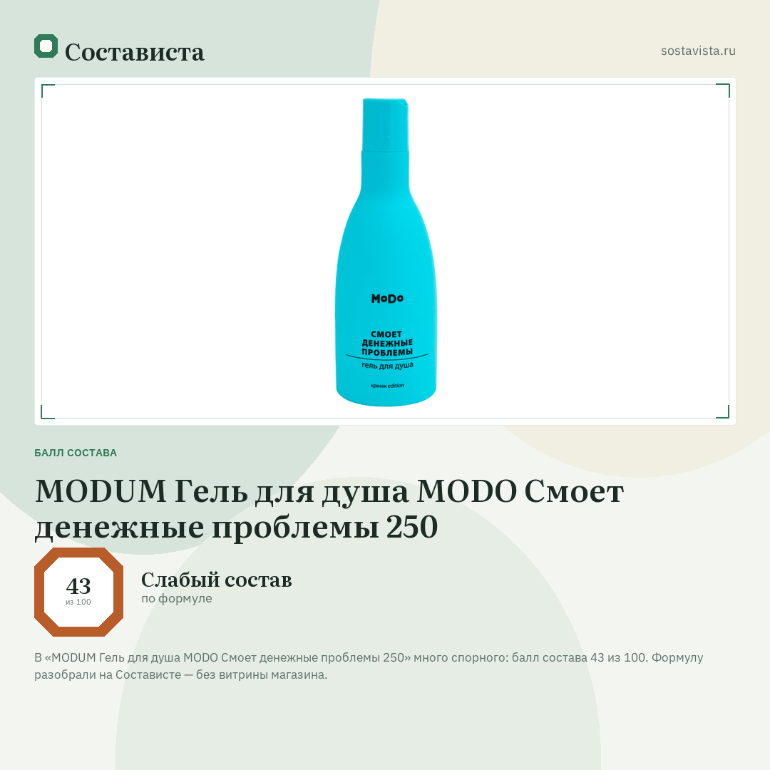 MODUM Гель для душа MODO Смоет денежные проблемы 250: балл состава 43 из 100 — Состависта