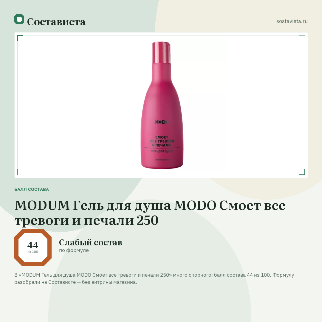 MODUM Гель для душа MODO Смоет все тревоги и печали 250: балл состава 44 из 100 — Состависта