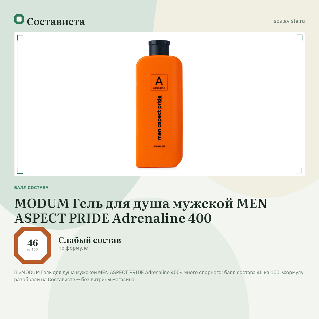 MODUM Гель для душа мужской MEN ASPECT PRIDE Adrenaline 400: балл состава 46 из 100 — Состависта