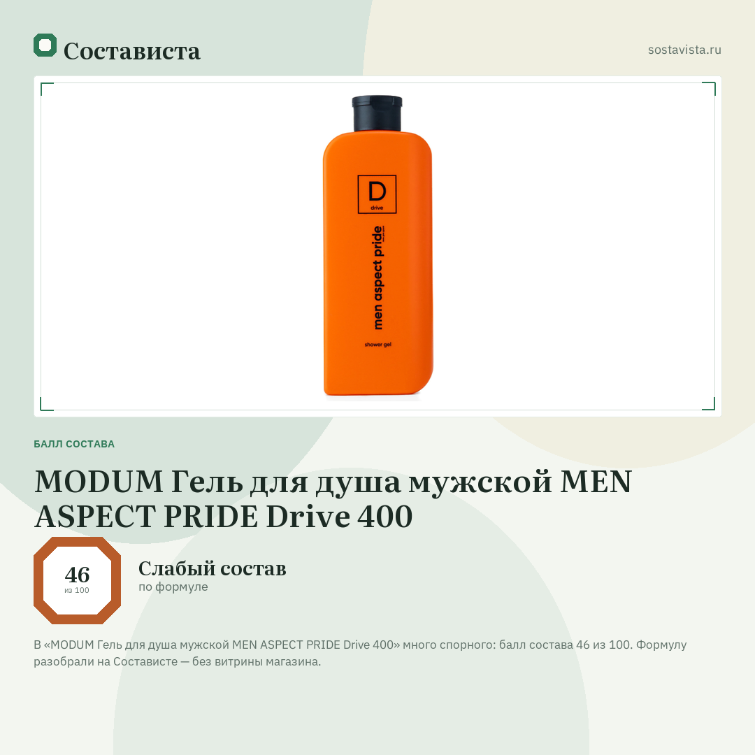 MODUM Гель для душа мужской MEN ASPECT PRIDE Drive 400: балл состава 46 из 100 — Состависта