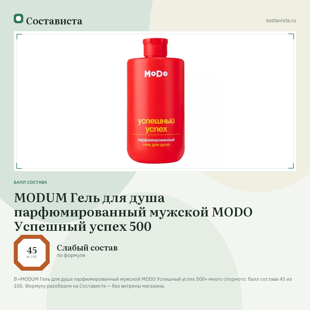MODUM Гель для душа парфюмированный мужской MODO Успешный успех 500: балл состава 45 из 100 — Состависта