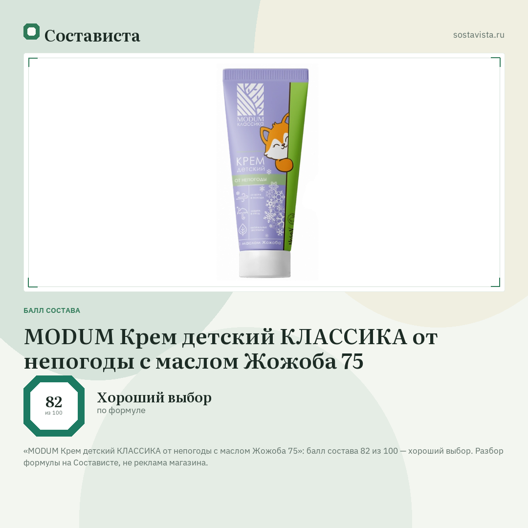 MODUM Крем детский КЛАССИКА от непогоды с маслом Жожоба 75: балл состава 82 из 100 — Состависта