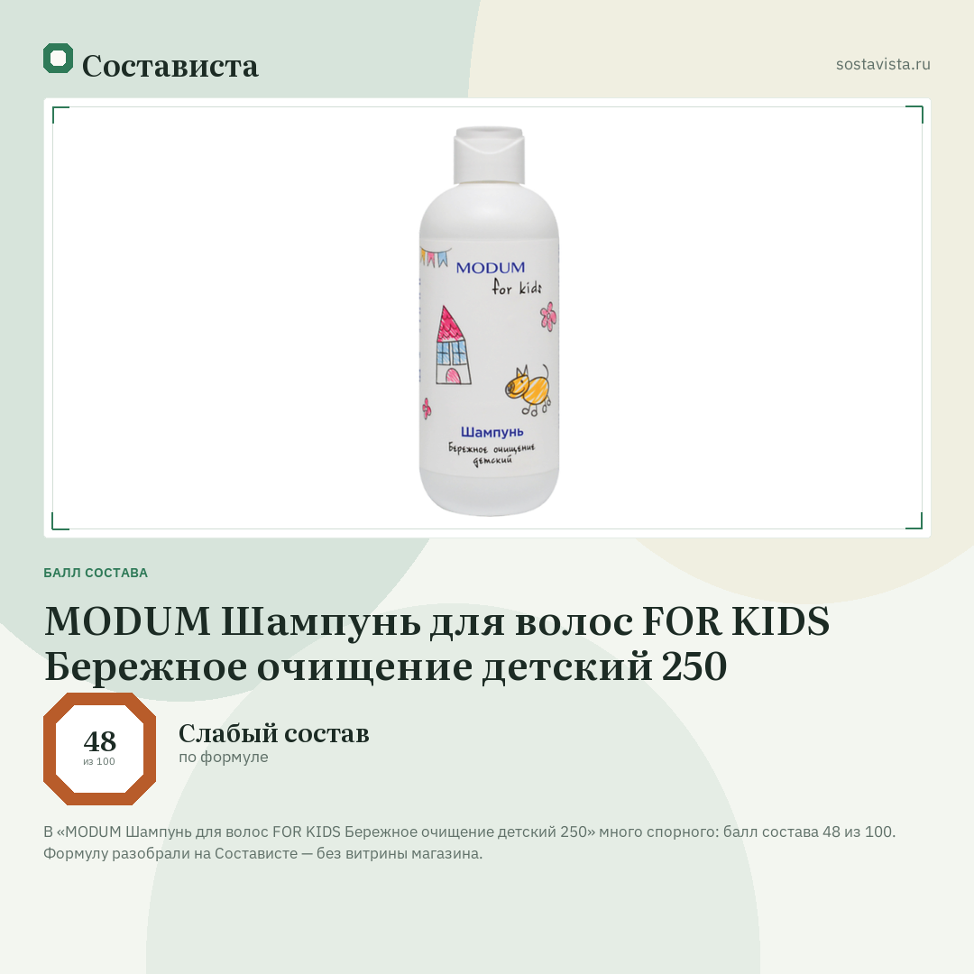 MODUM Шампунь для волос FOR KIDS Бережное очищение детский 250: балл состава 48 из 100 — Состависта
