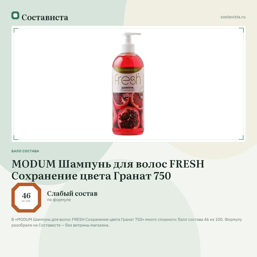 MODUM Шампунь для волос FRESH Сохранение цвета Гранат 750: балл состава 46 из 100 — Состависта