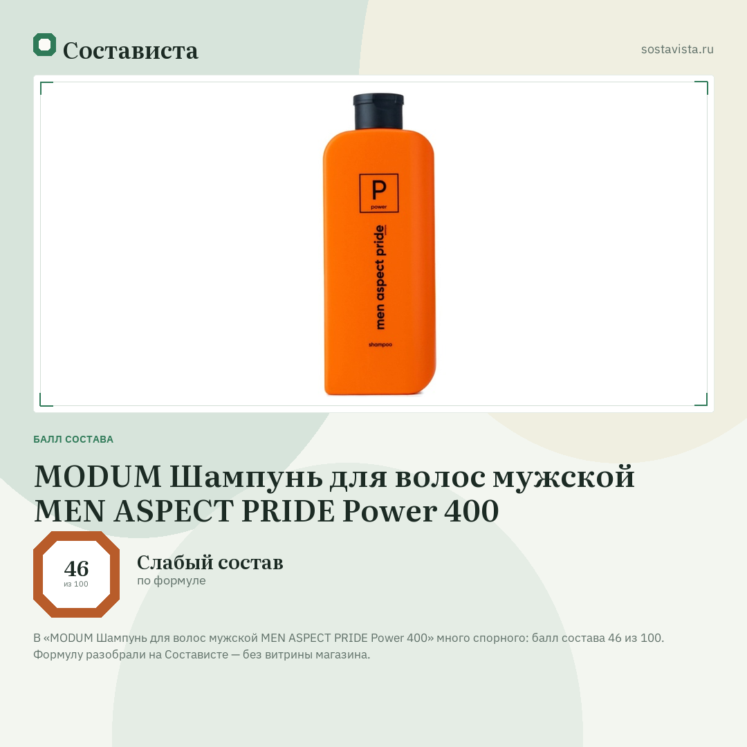 MODUM Шампунь для волос мужской MEN ASPECT PRIDE Power 400: балл состава 46 из 100 — Состависта