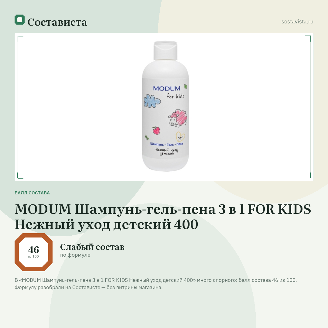 MODUM Шампунь-гель-пена 3 в 1 FOR KIDS Нежный уход детский 400: балл состава 46 из 100 — Состависта