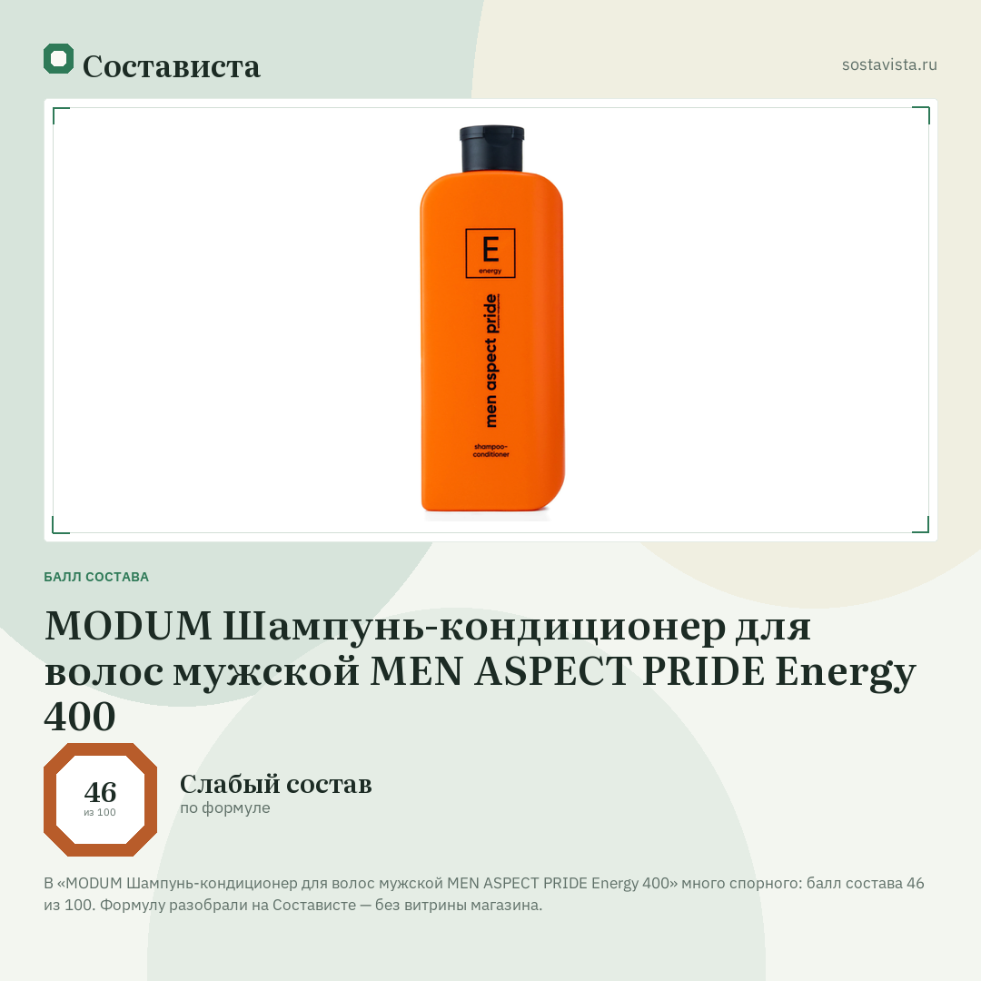 MODUM Шампунь-кондиционер для волос мужской MEN ASPECT PRIDE Energy 400: балл состава 46 из 100 — Состависта