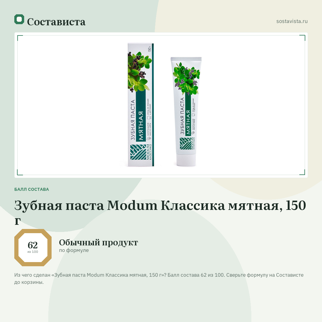 Зубная паста Modum Классика мятная, 150 г: балл состава 62 из 100 — Состависта