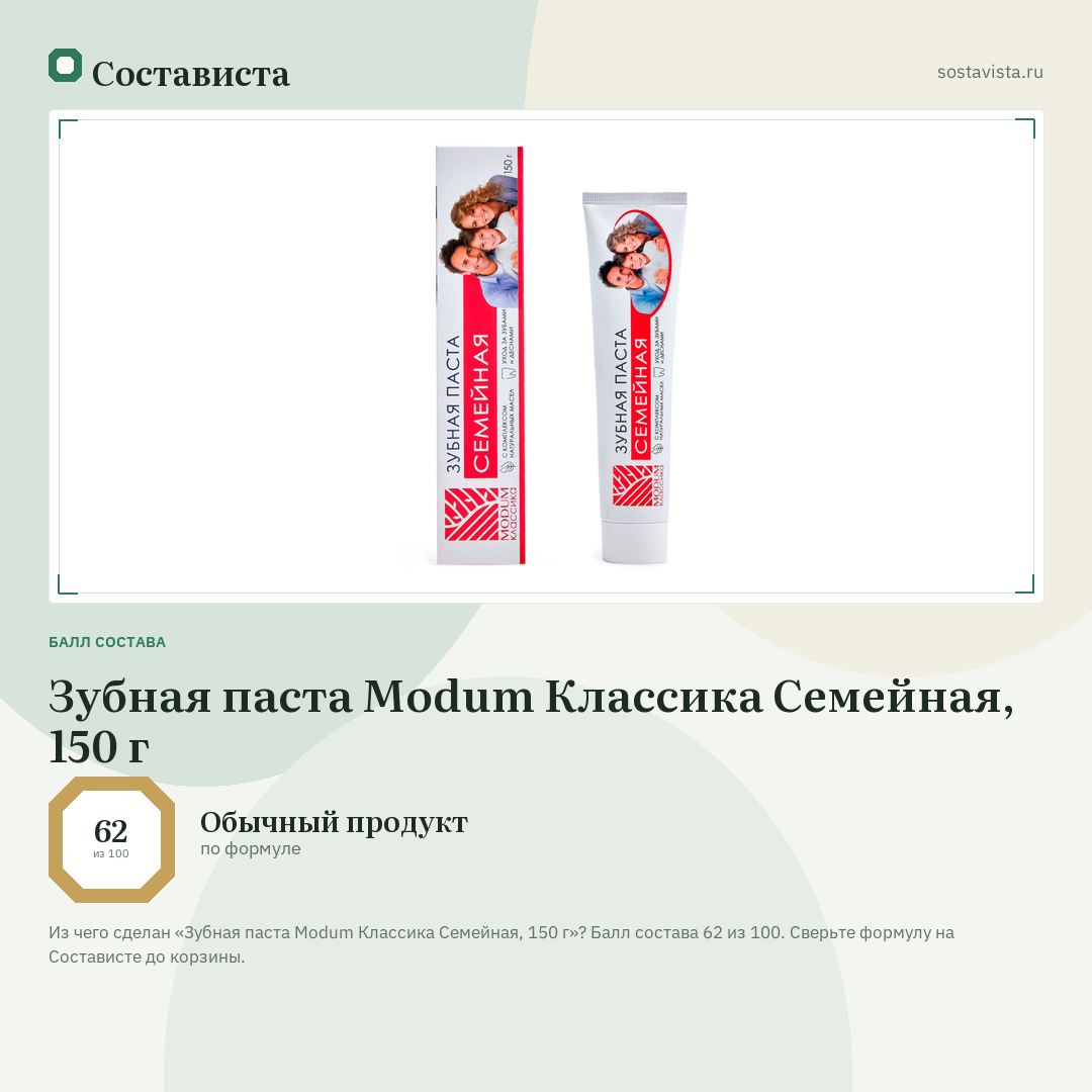 Зубная паста Modum Классика Семейная, 150 г: балл состава 62 из 100 — Состависта