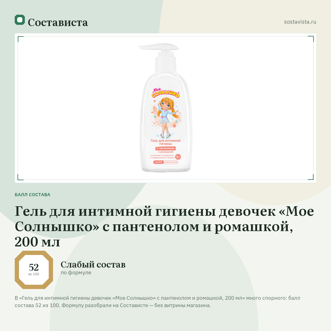 Гель для интимной гигиены девочек «Мое Солнышко» с пантенолом и ромашкой, 200 мл: балл состава 52 из 100 — Состависта