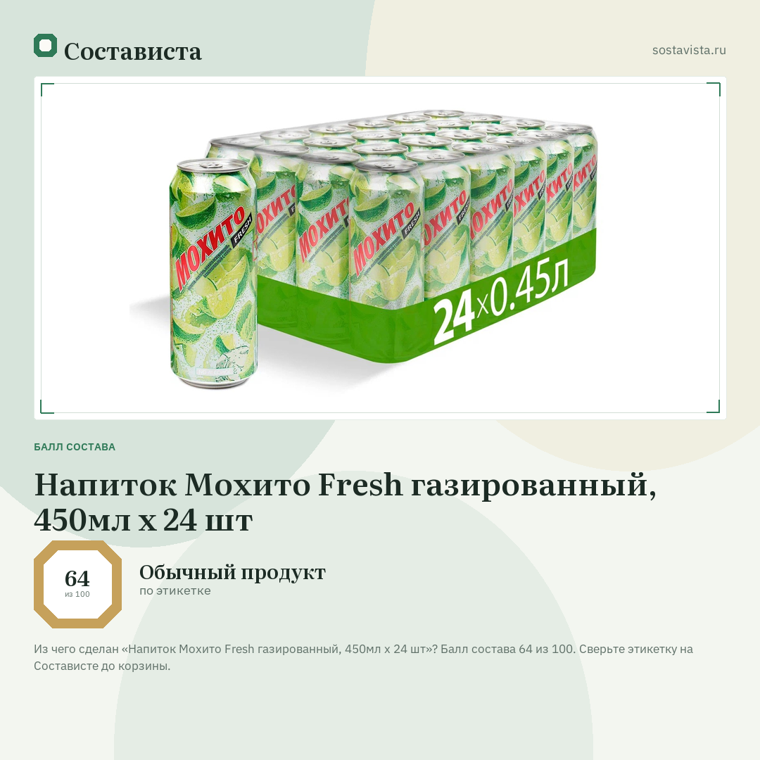 Напиток Мохито Fresh газированный, 450мл x 24 шт: балл состава 64 из 100 — Состависта