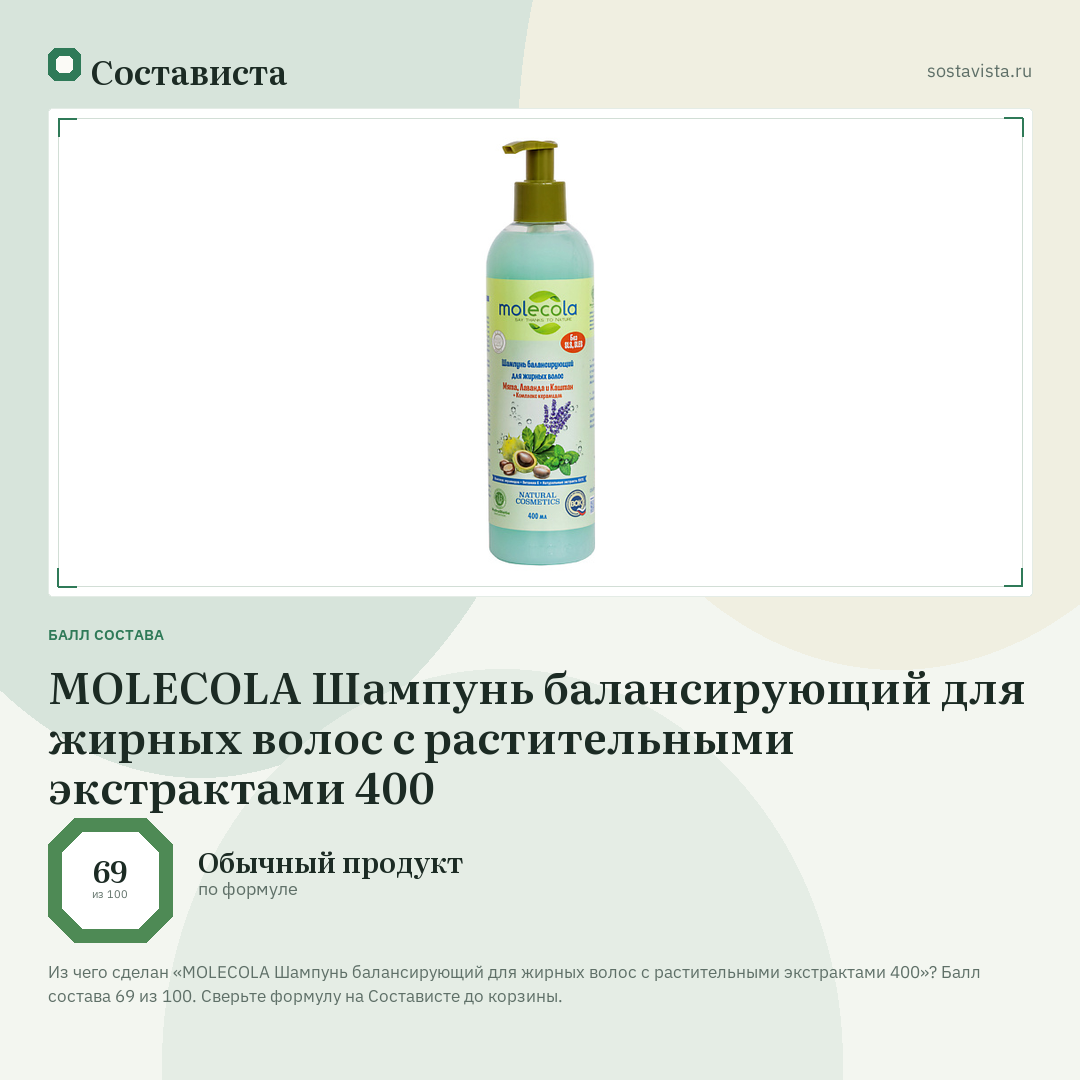 MOLECOLA Шампунь балансирующий для жирных волос с растительными экстрактами 400: балл состава 69 из 100 — Состависта