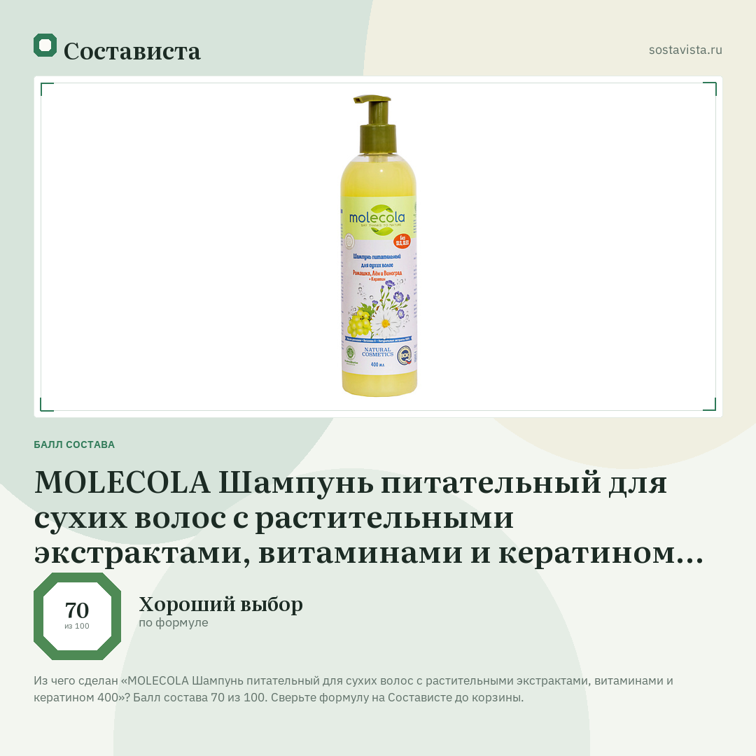 MOLECOLA Шампунь питательный для сухих волос с растительными экстрактами, витаминами и кератином 400: балл состава 70 из 100 — Состависта