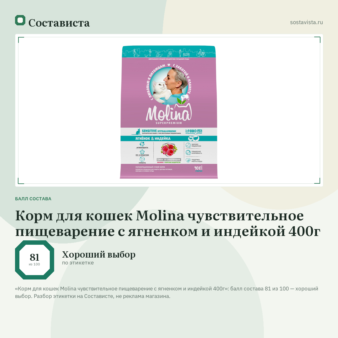 Корм для кошек Molina чувствительное пищеварение с ягненком и индейкой 400г: балл состава 81 из 100 — Состависта