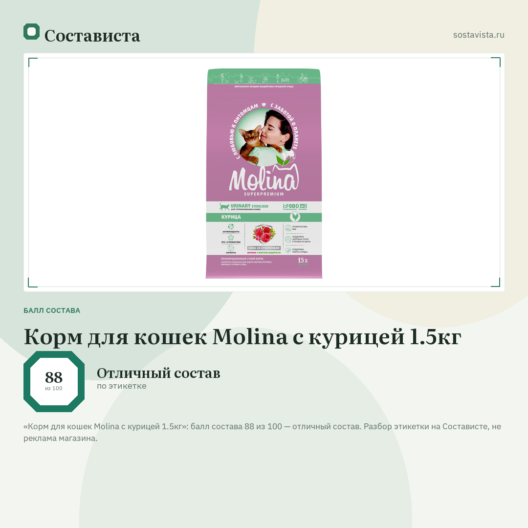 Корм для кошек Molina с курицей 1.5кг: балл состава 88 из 100 — Состависта