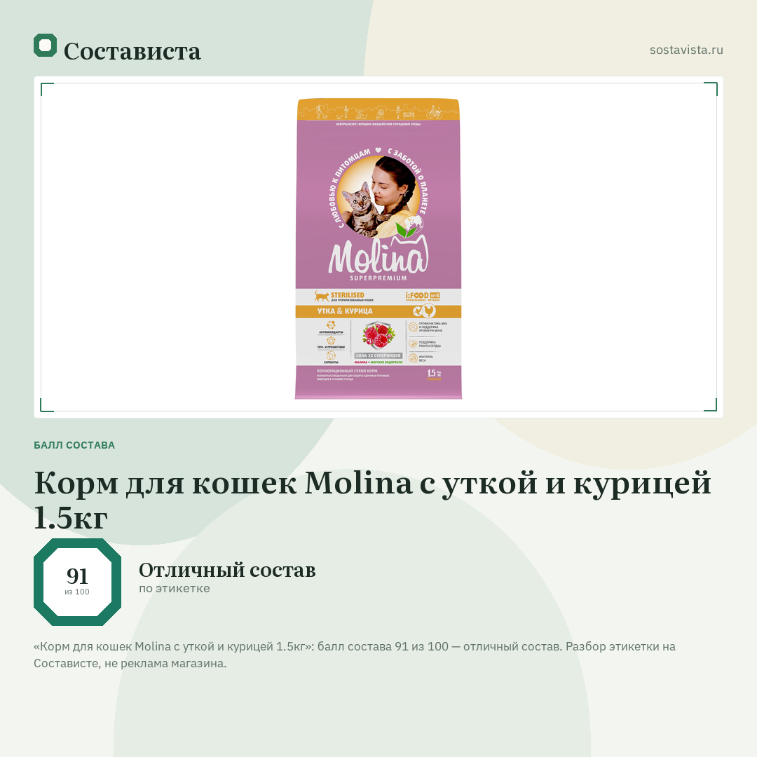 Корм для кошек Molina с уткой и курицей 1.5кг: балл состава 91 из 100 — Состависта