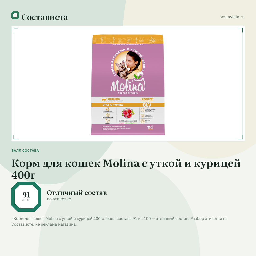 Корм для кошек Molina с уткой и курицей 400г: балл состава 91 из 100 — Состависта